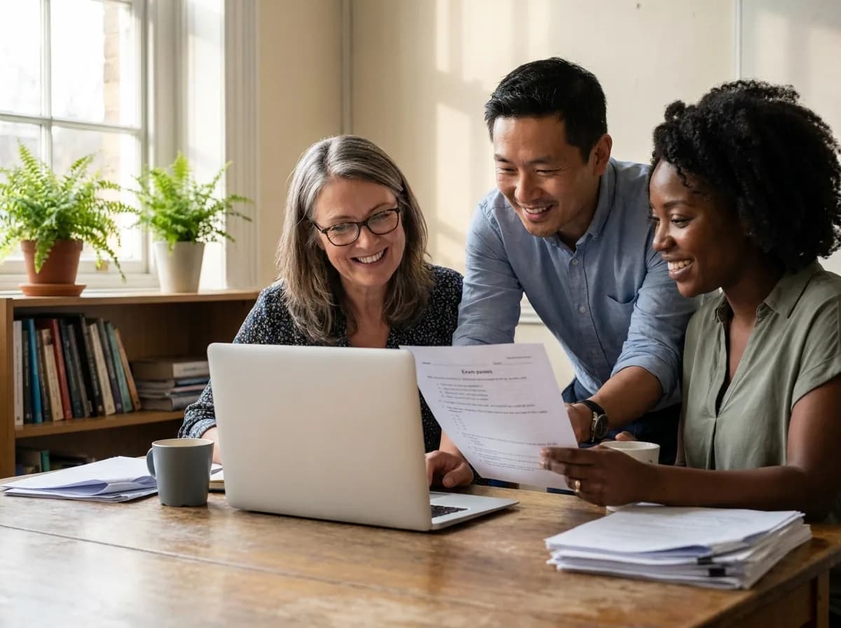 Three teaching colleagues of different ages and backgrounds reviewing an exam together around a laptop in a bright staffroom