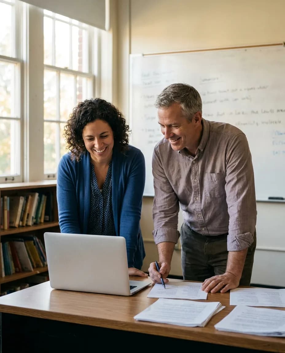 Two teaching colleagues reviewing an exam paper and a laptop together in a bright classroom