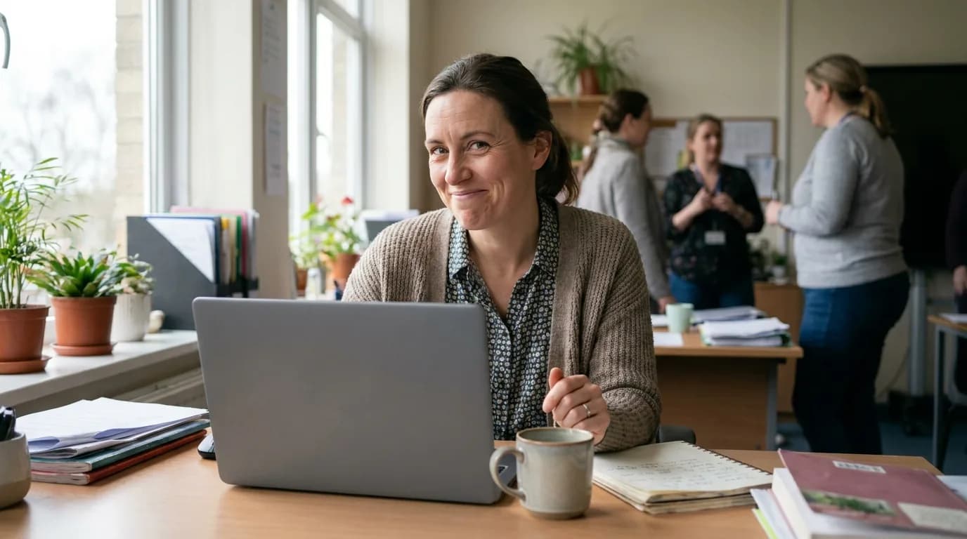 A teacher at a staffroom desk turning from her laptop with a warm, approachable smile