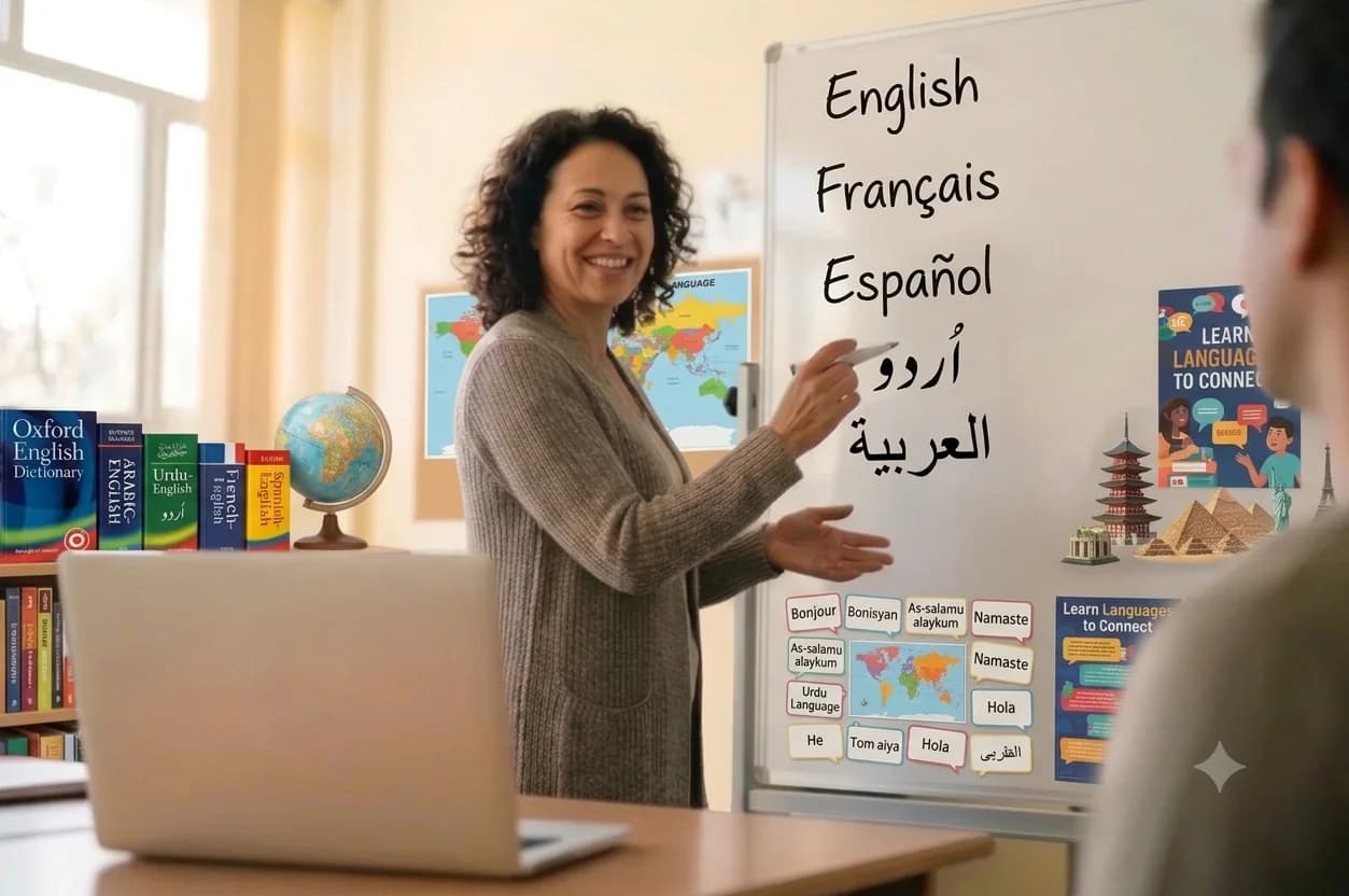 A teacher at a whiteboard showing the five supported languages: English, Arabic, French, Spanish and Urdu
