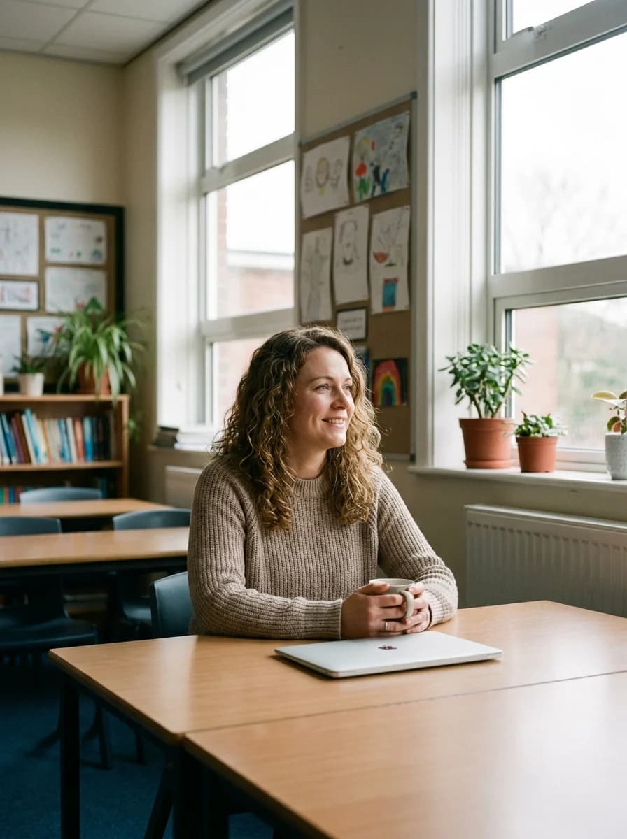 A teacher smiling, relaxed and confident her exam papers are private and secure
