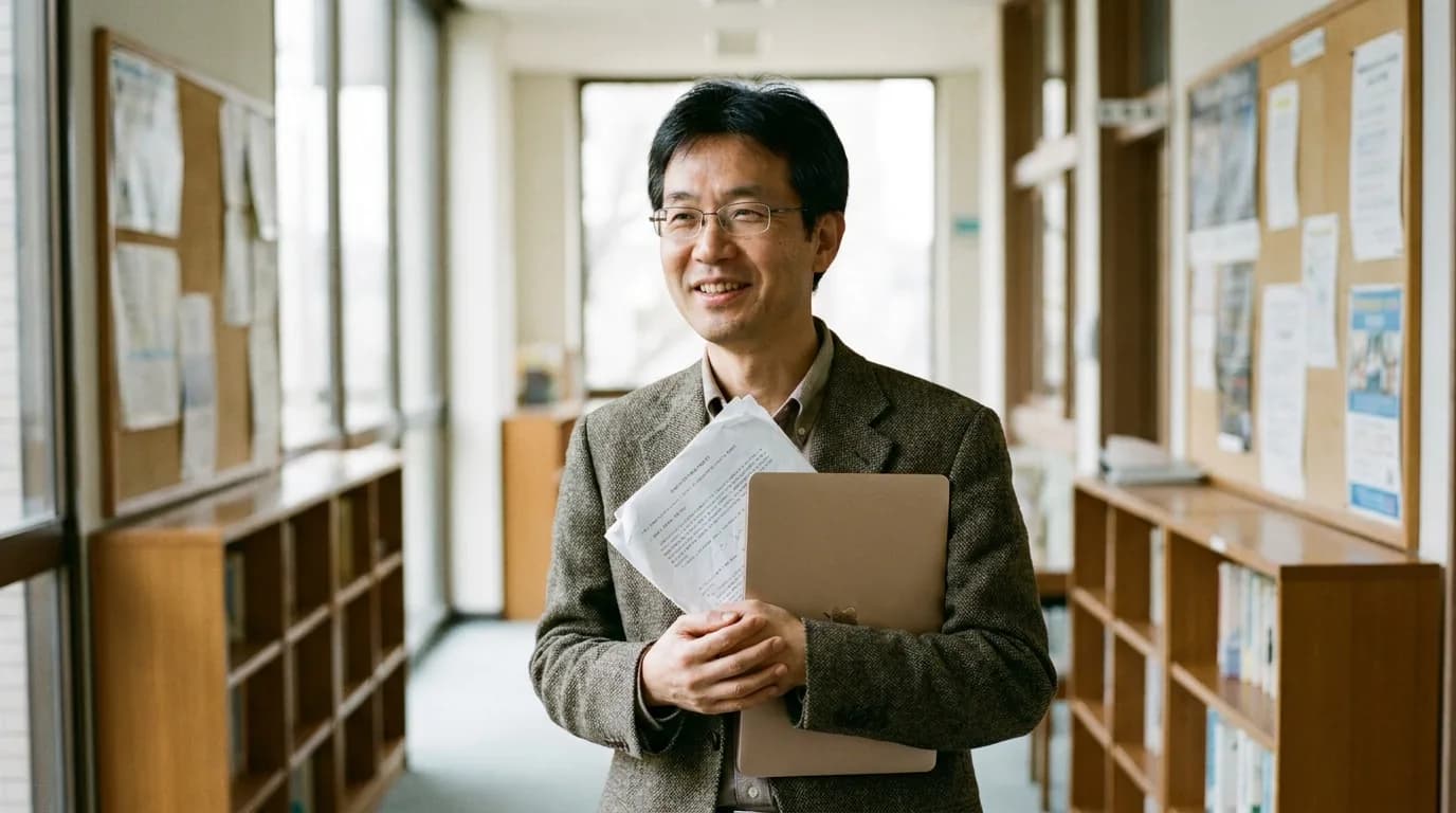 A university lecturer standing in a department corridor holding papers and a laptop, smiling