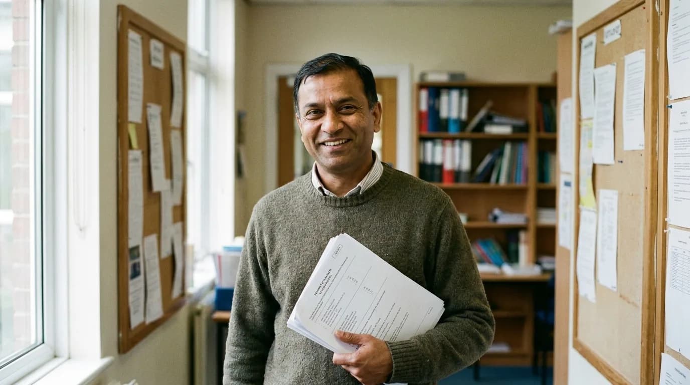 A head of department standing in a school corridor holding an exam paper, smiling
