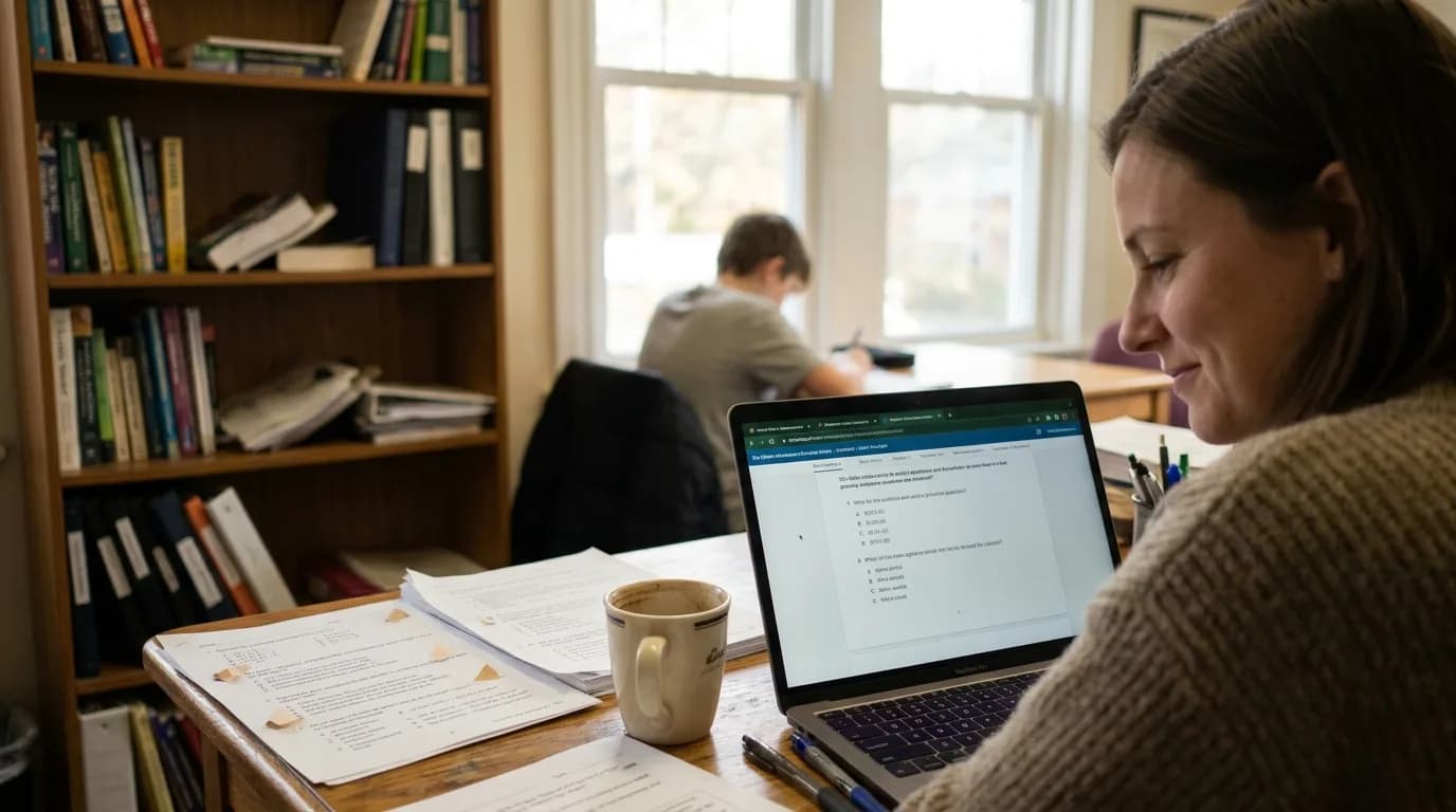 A tutor reviewing practice questions on a laptop at a desk in a study centre
