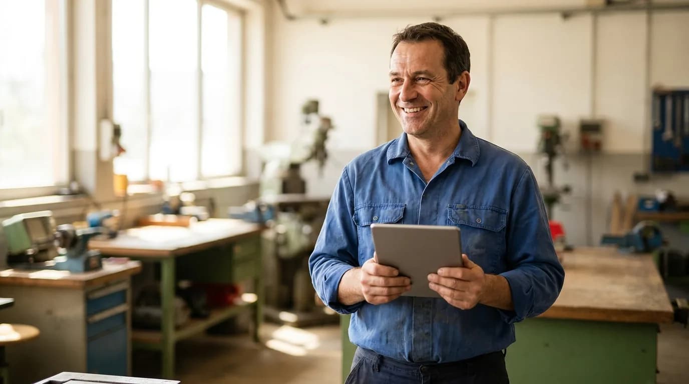 A vocational trainer holding a tablet in a training workshop, smiling